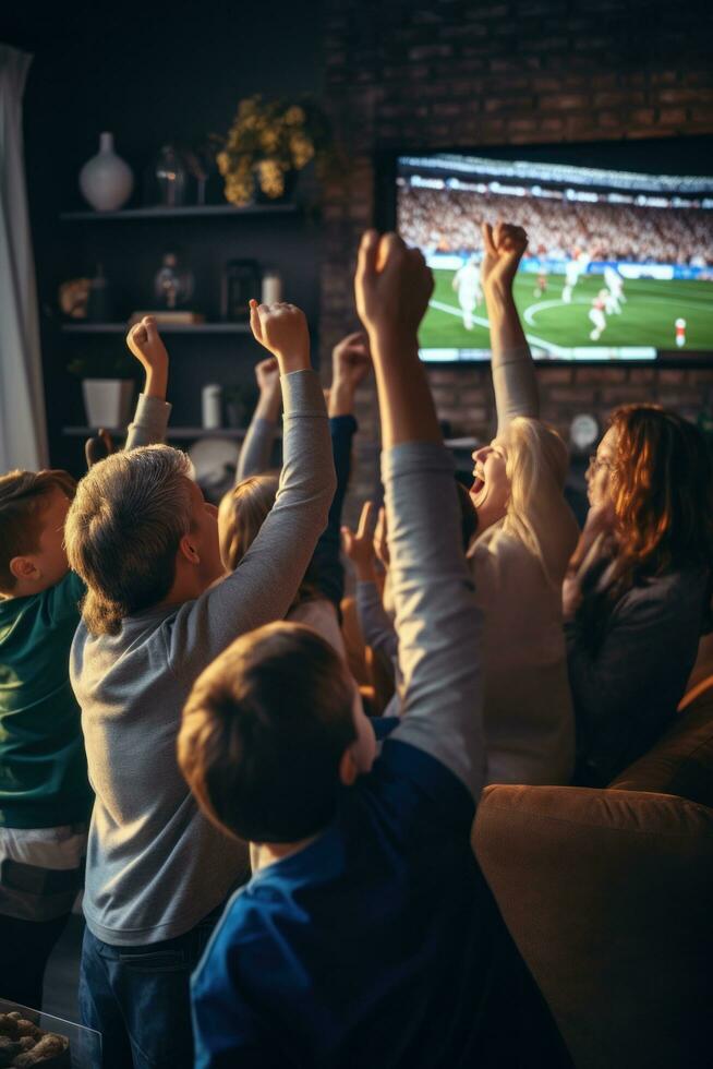 AI generated An extended family of grandparents, parents, and kids gathered around a large screen TV, photo