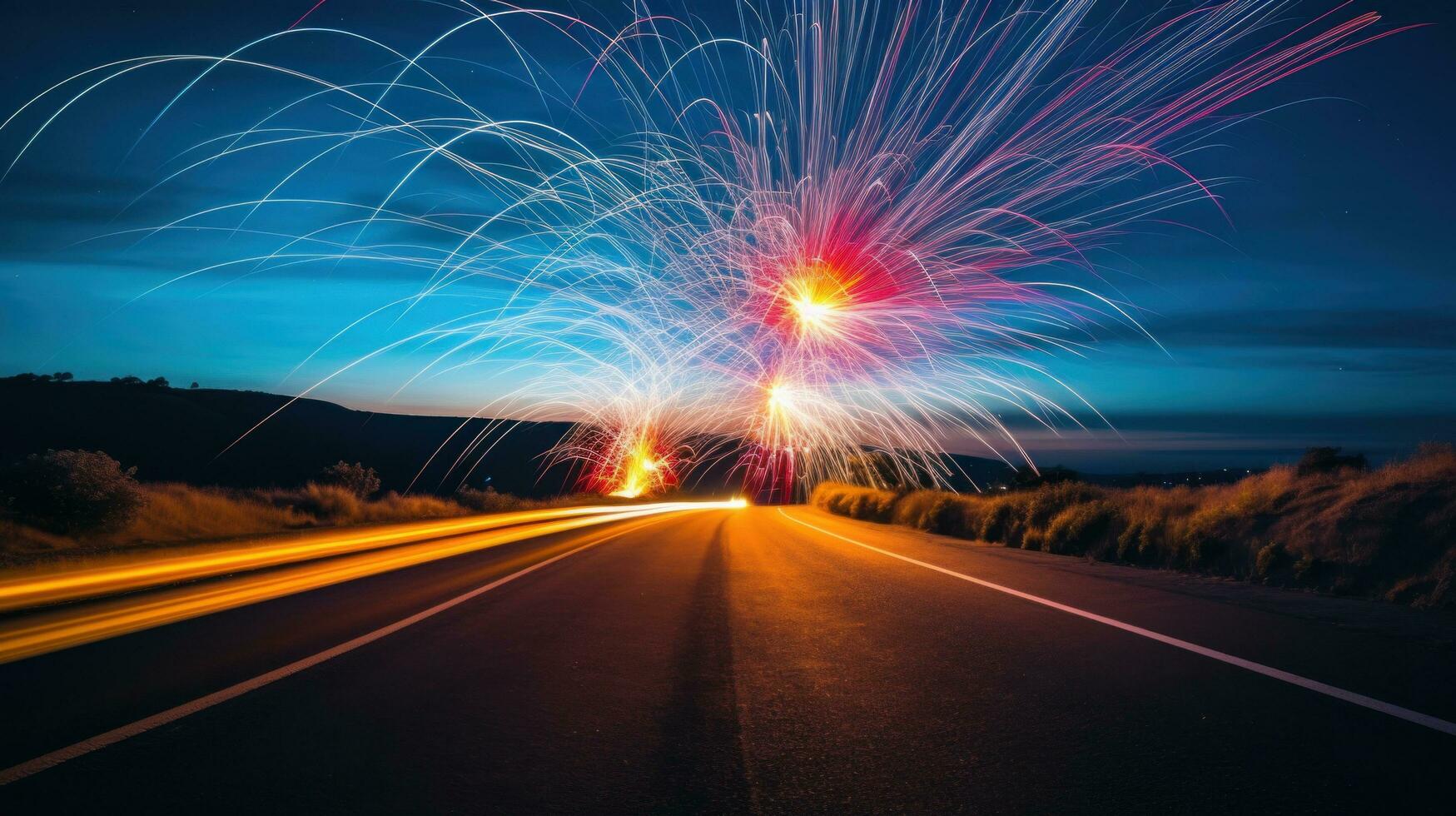 AI generated An artistic photo of fireworks with a long exposure, creating a beautiful trail of lights in the sky.