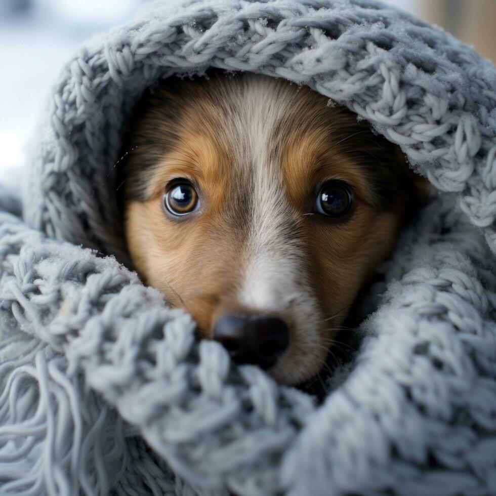 AI generated pet dog peeks out from under a cozy knit blanket, with a snowy landscape visible in the background photo