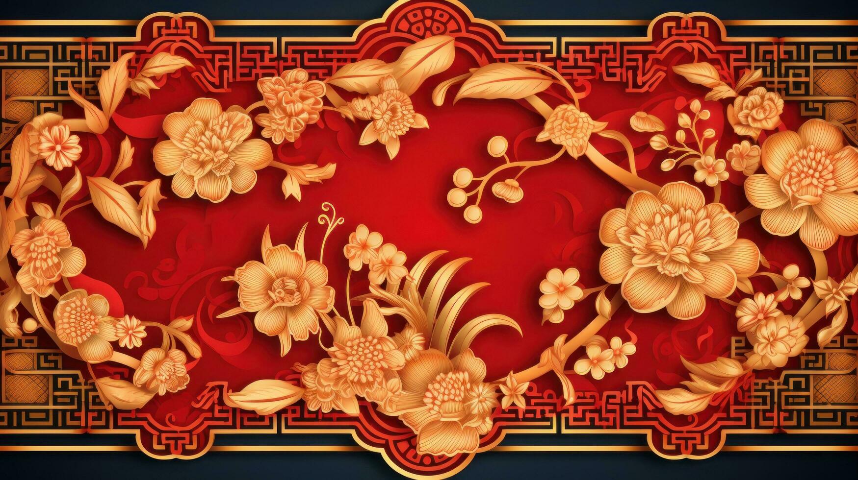 AI generated A vibrant Chinese New Year greeting card adorned with intricate golden patterns photo