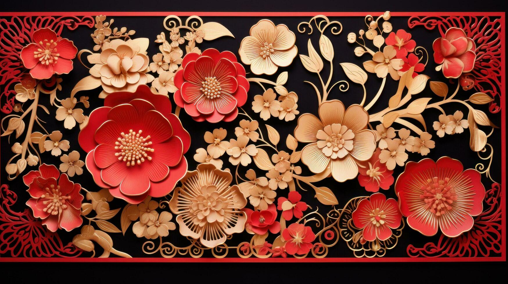AI generated A vibrant Chinese New Year greeting card adorned with intricate golden patterns photo