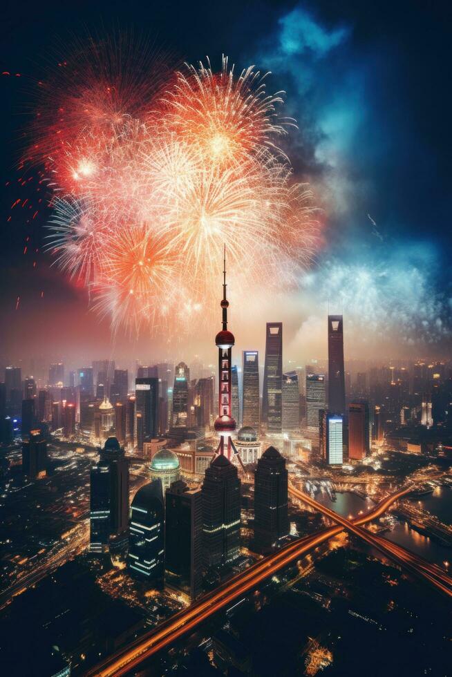 AI generated A stunning fireworks display lighting up the night sky above a city skyline photo