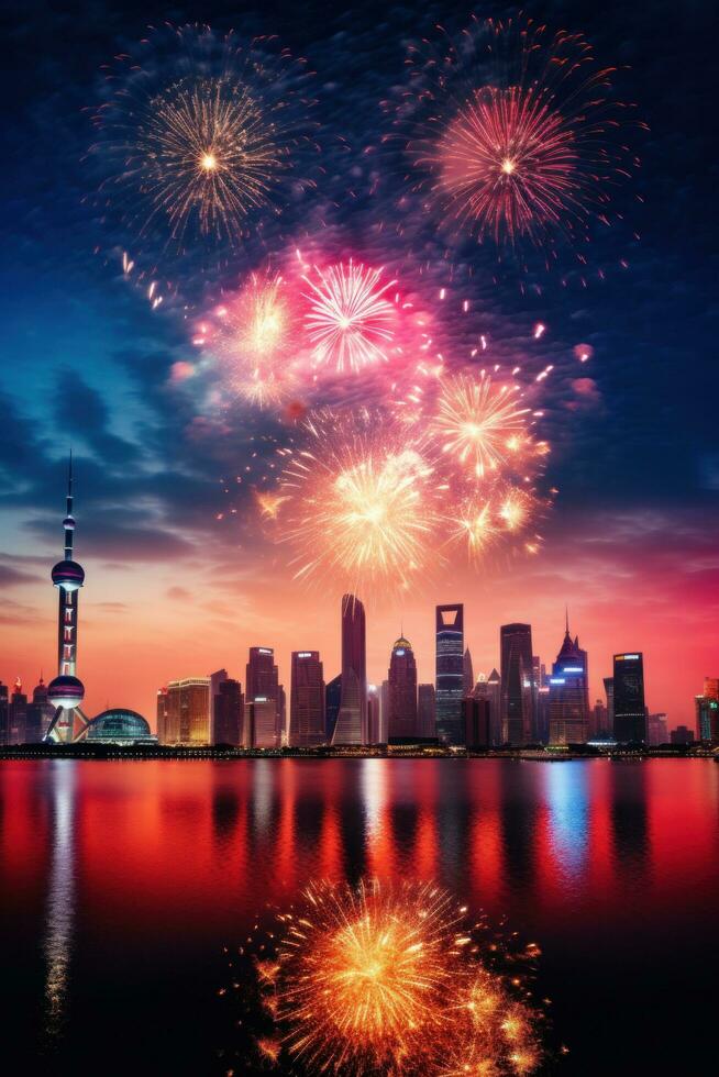 AI generated A stunning fireworks display lighting up the night sky above a city skyline photo