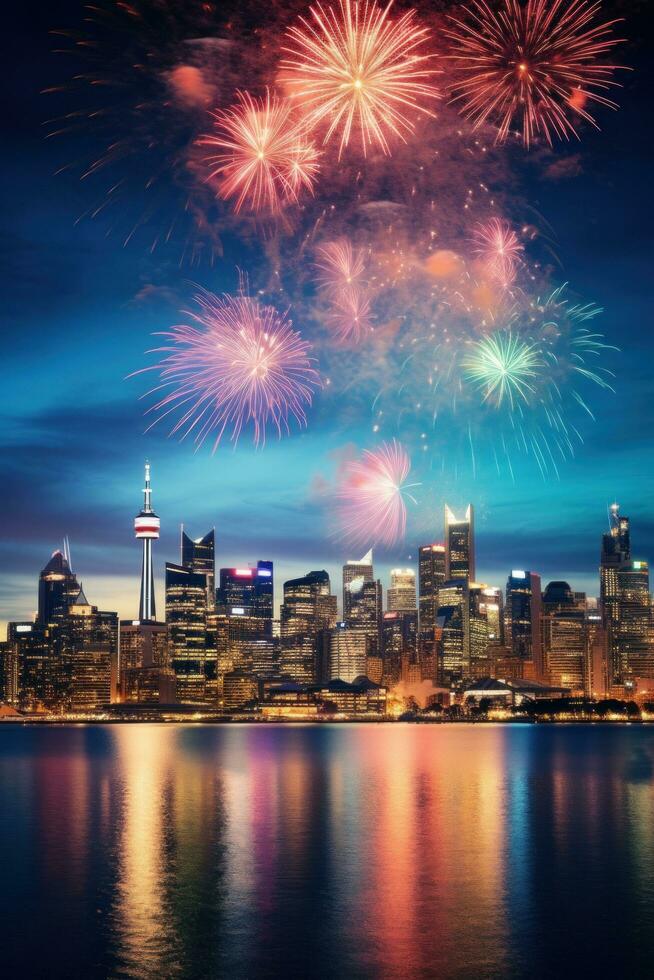 AI generated A stunning fireworks display lighting up the night sky above a city skyline photo