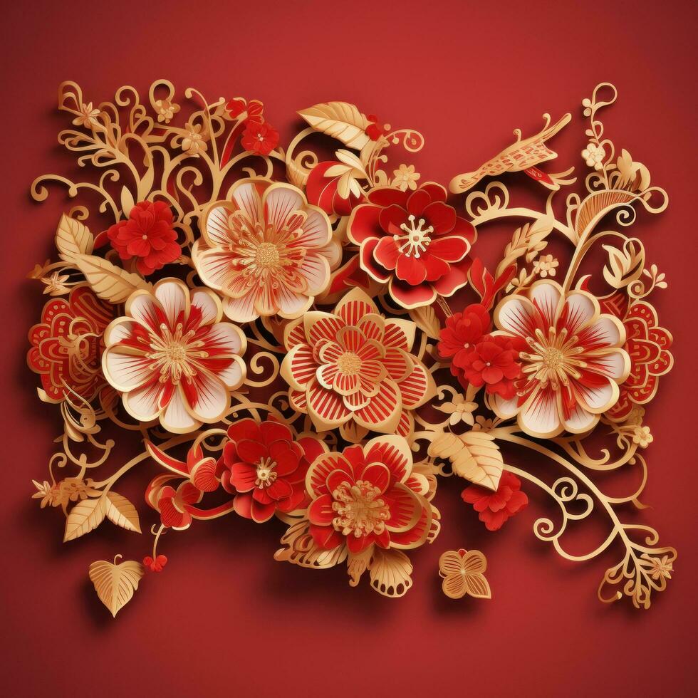 AI generated A vibrant Chinese New Year greeting card adorned with intricate golden patterns photo