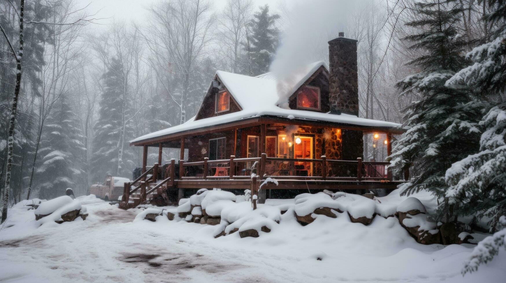 AI generated A snow-covered cabin nestled in the woods with smoke billowing from the chimney photo
