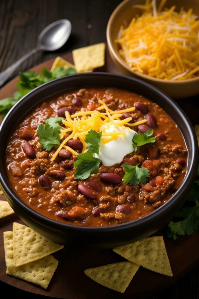 AI generated A spicy and flavorful chili soup with tender chunks of beef, beans, and a sprinkle of grated cheese photo