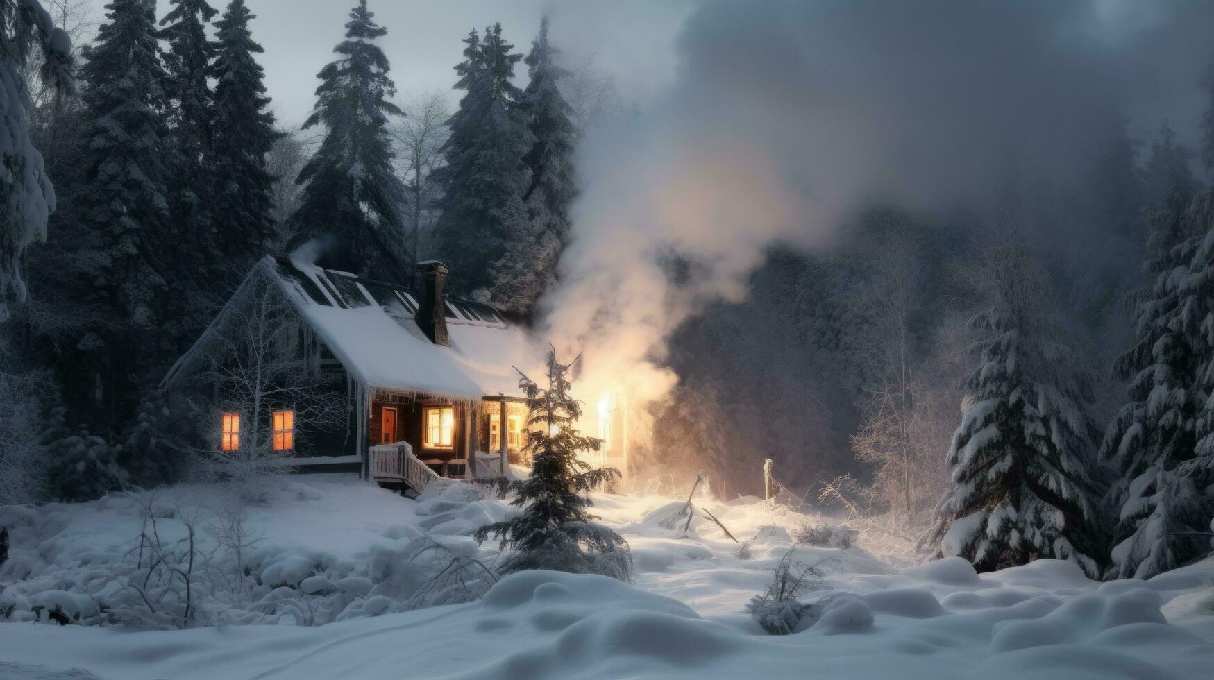 AI generated A snow-covered cabin nestled in the woods with smoke billowing from the chimney photo