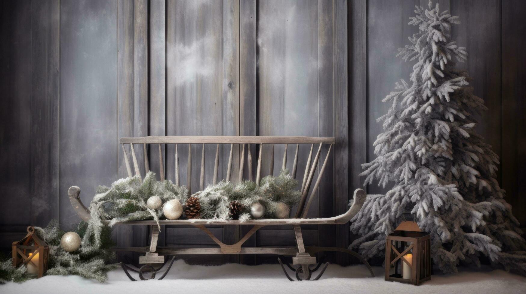 AI generated A rustic wooden sled leaning against a wall with a backdrop of snowflakes and evergreen branches photo