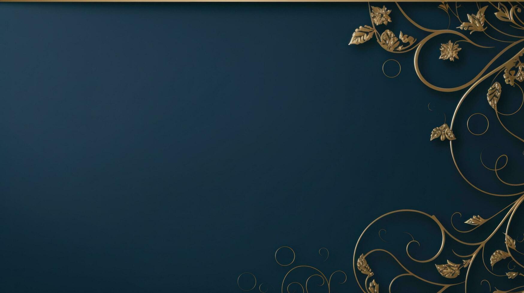 AI generated A shimmering gold frame with elegant swirls surrounds a deep blue background photo