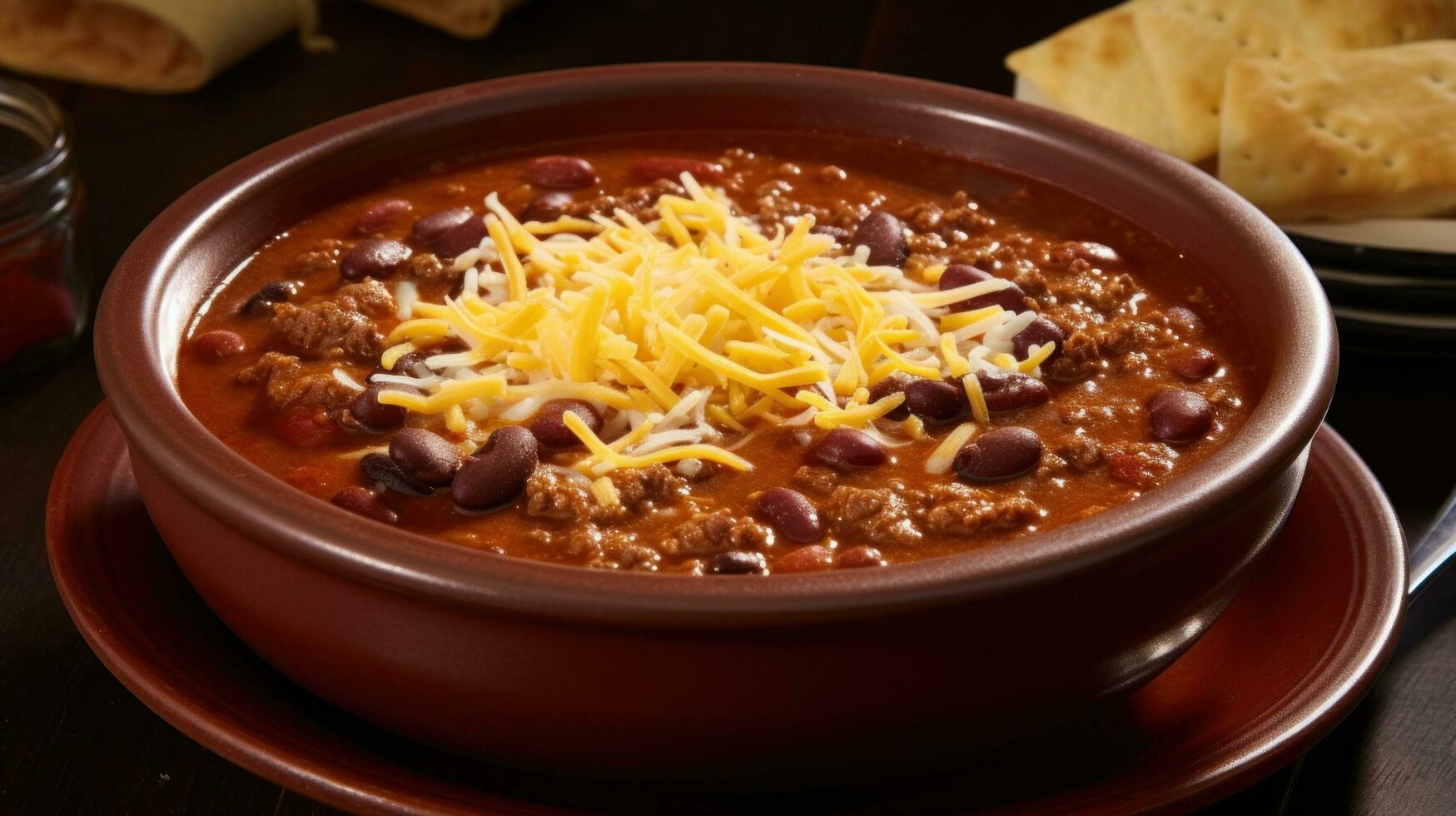 AI generated A spicy and flavorful chili soup with tender chunks of beef, beans, and a sprinkle of grated cheese photo