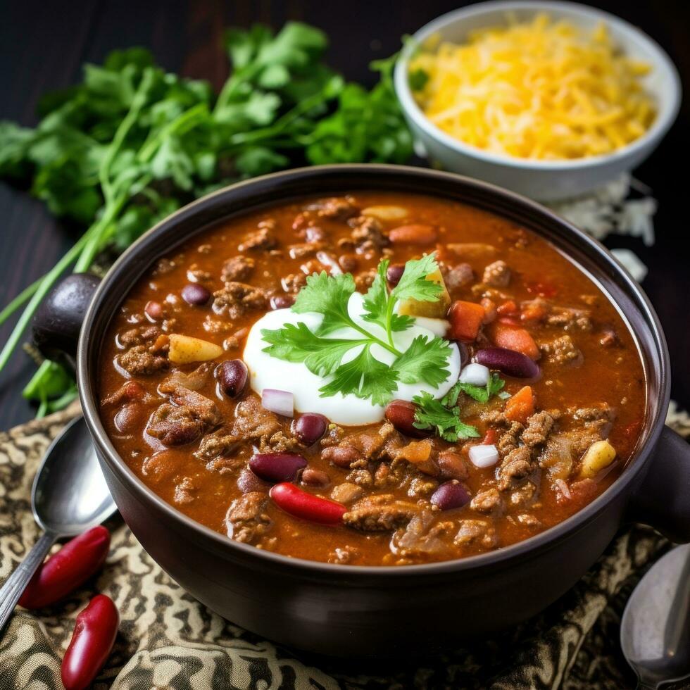 AI generated A spicy and flavorful chili soup with tender chunks of beef, beans, and a sprinkle of grated cheese photo