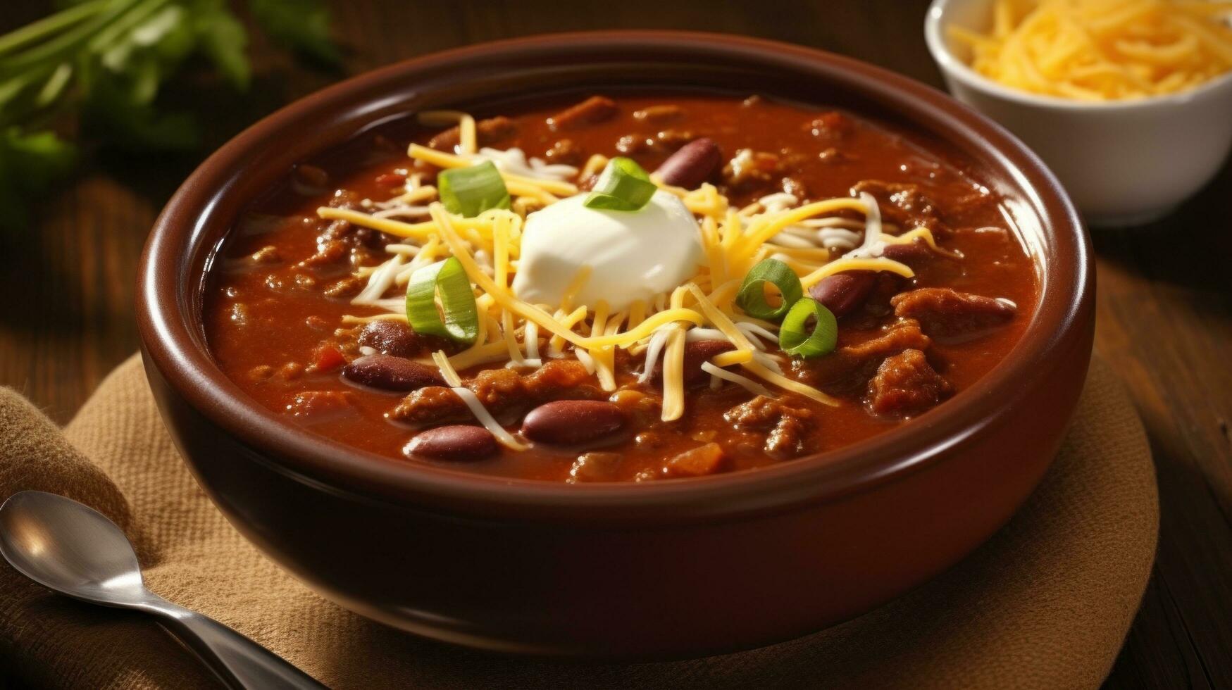 AI generated A spicy and flavorful chili soup with tender chunks of beef, beans, and a sprinkle of grated cheese photo