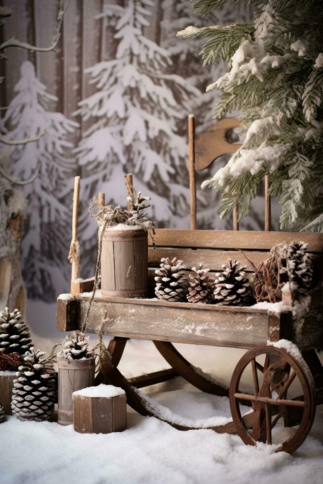 ai generado un rústico Navidad escena con un de madera trineo, pino conos, y hojas perennes ramas foto