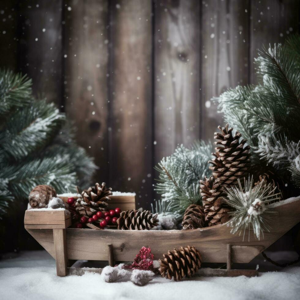 ai generado un rústico Navidad escena con un de madera trineo, pino conos, y hojas perennes ramas foto