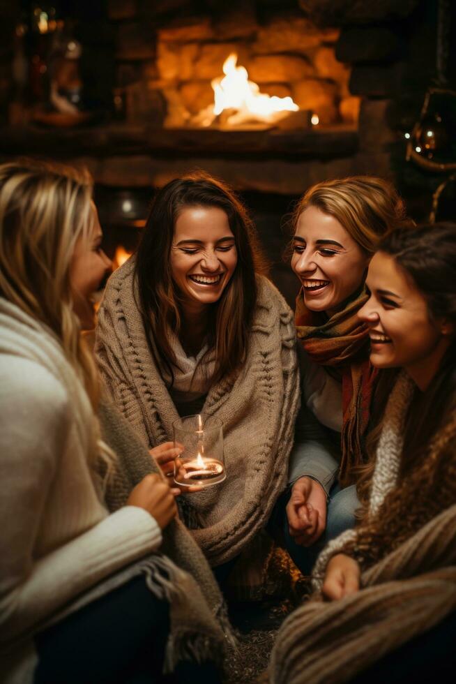 AI generated A group of friends gather around a fireplace, wrapped in blankets and enjoying a hot beverage photo