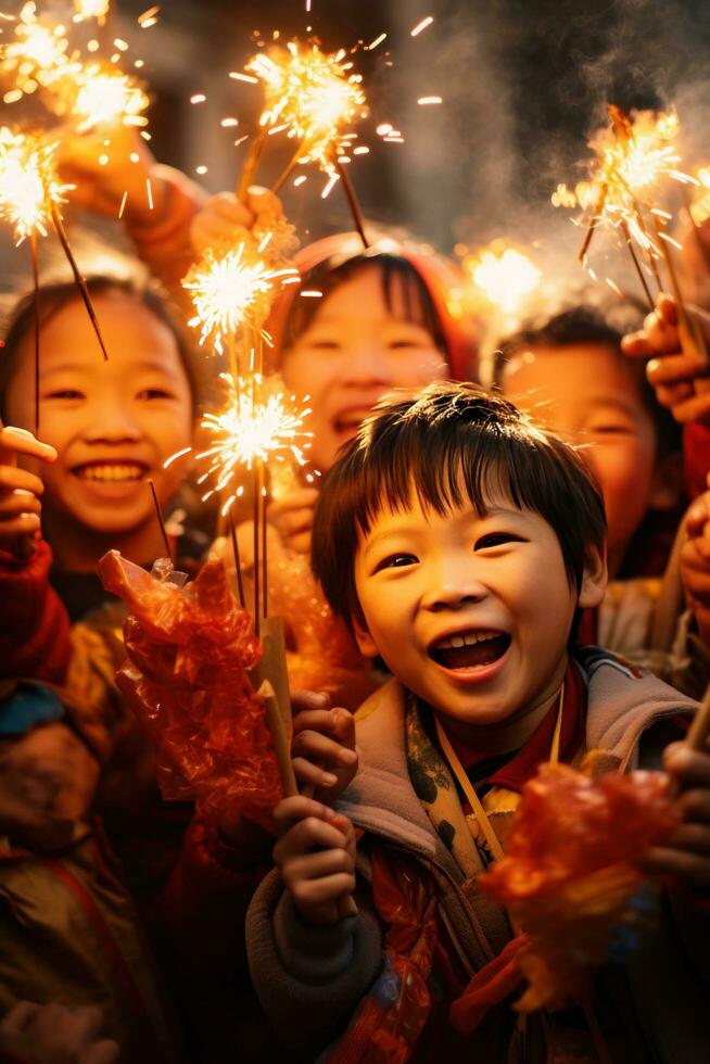 AI generated A group of smiling children wearing traditional Chinese costumes while playing with sparklers photo