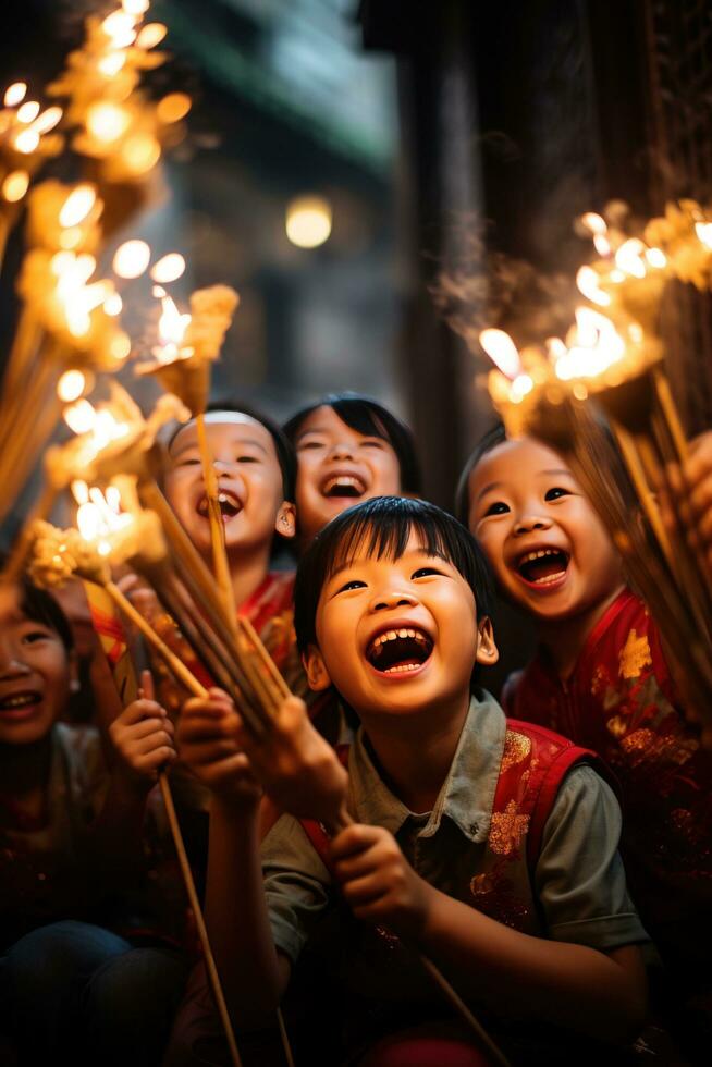 AI generated A group of smiling children wearing traditional Chinese costumes while playing with sparklers photo