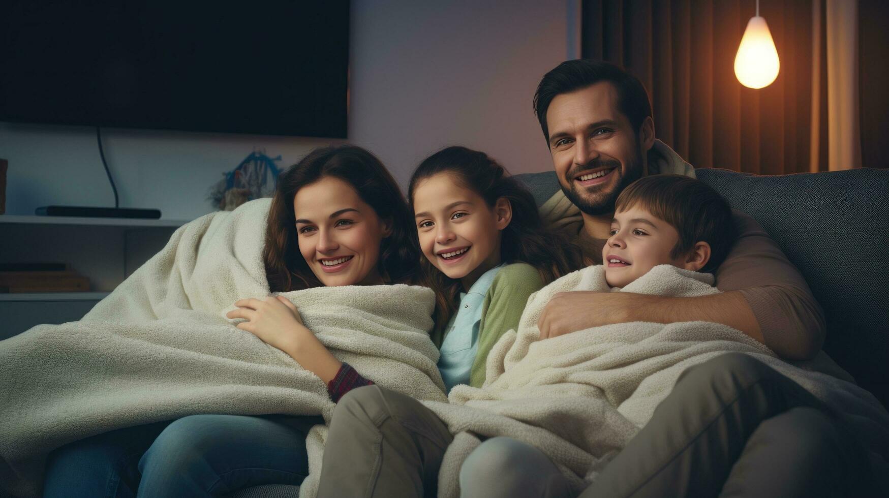 ai generado un madre, padre, y su dos niños abrazado arriba en un mullido cobija foto