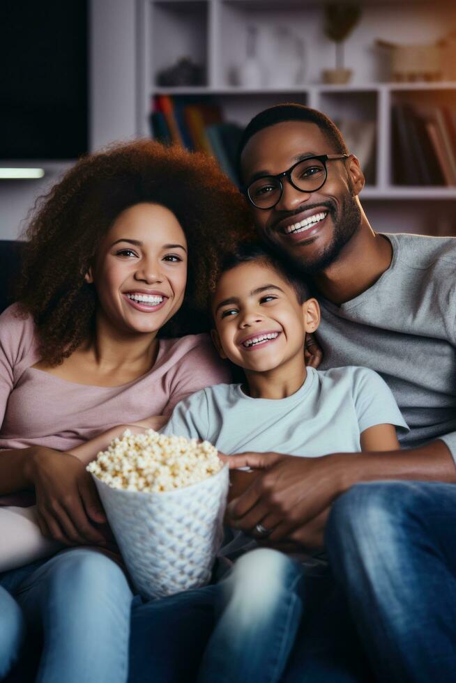 AI generated A mother, father, and their two children cuddled up on a fluffy blanket photo