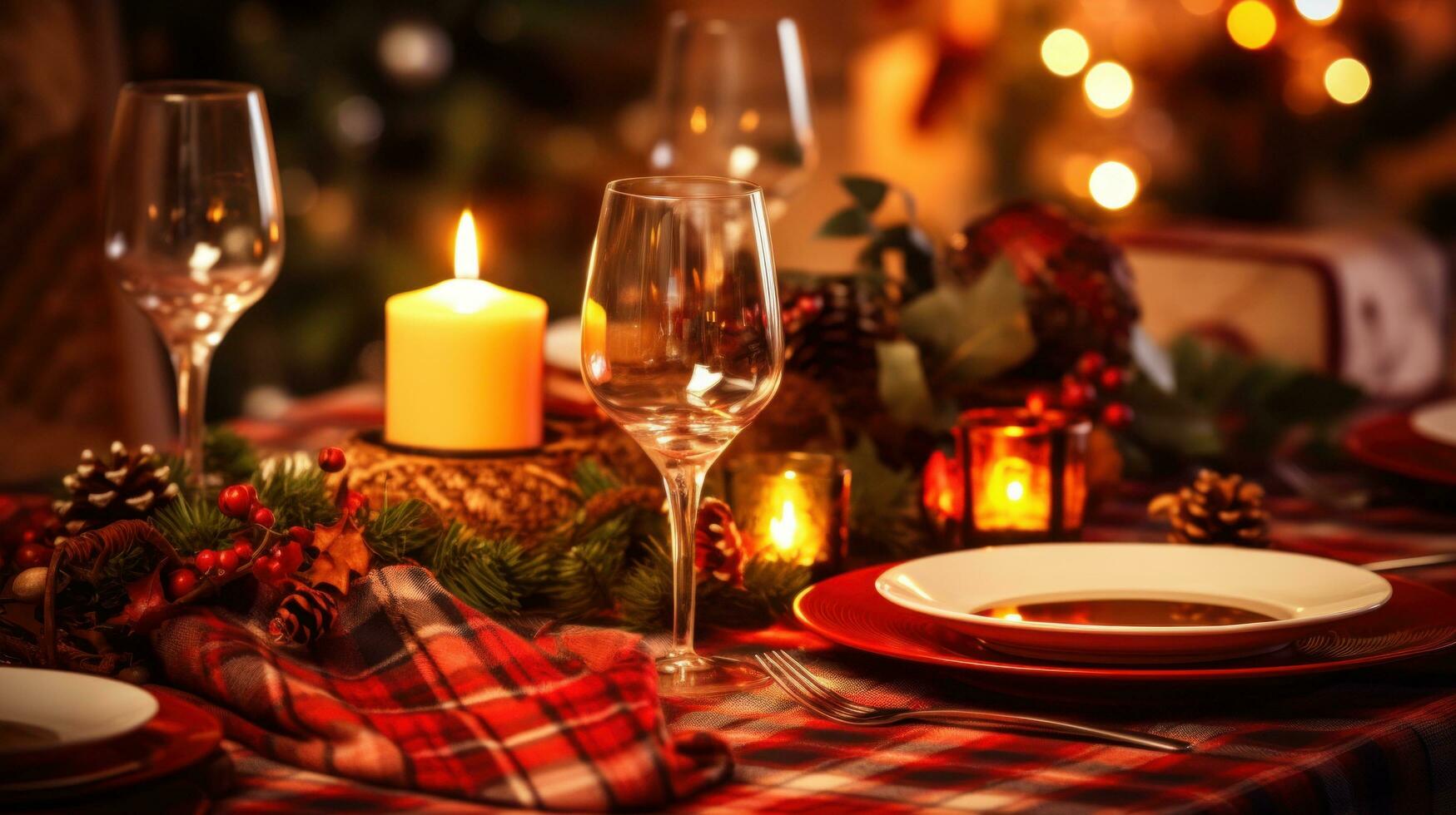 AI generated A festive Christmas table setting with red and gold accents photo