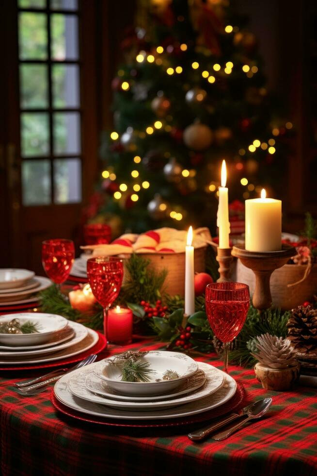 AI generated A festive Christmas table setting with red and gold accents photo