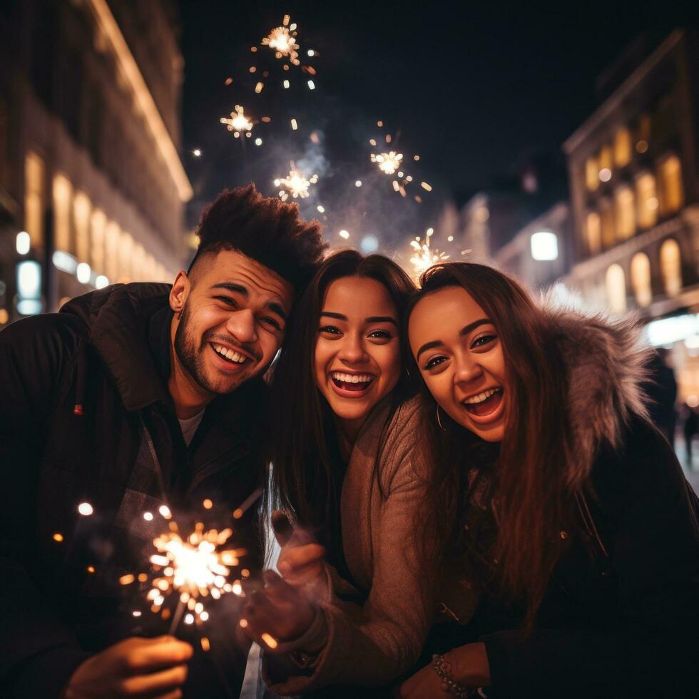 AI generated A fun and playful photo of a group of friends watching fireworks in the city