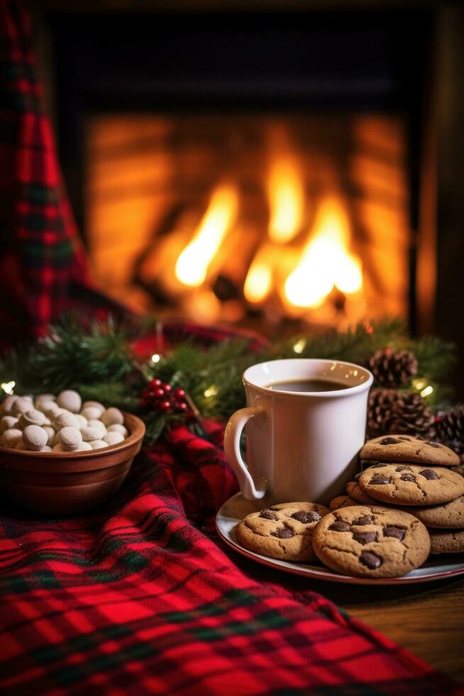 ai generado un acogedor Navidad escena con un tartán frazada, un jarra de caliente cacao, y un plato de Navidad galletas foto