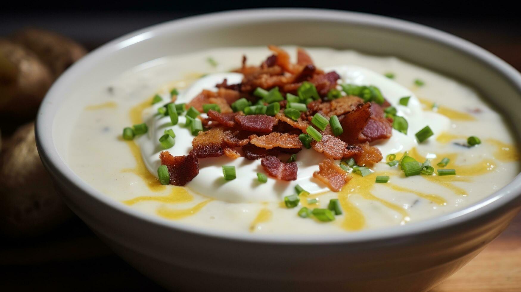 AI generated A creamy and comforting potato soup with bits of crispy bacon and a dollop of sour cream on top photo