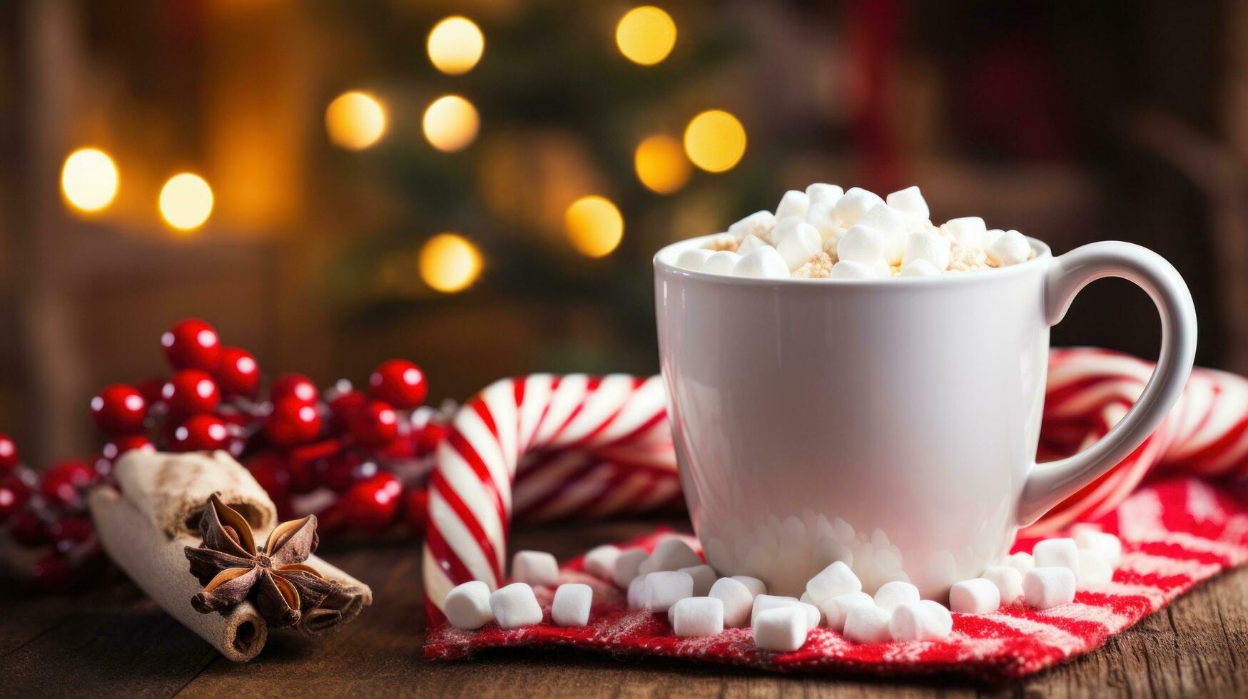 AI generated a cup of hot cocoa with marshmallows and a candy cane, photo