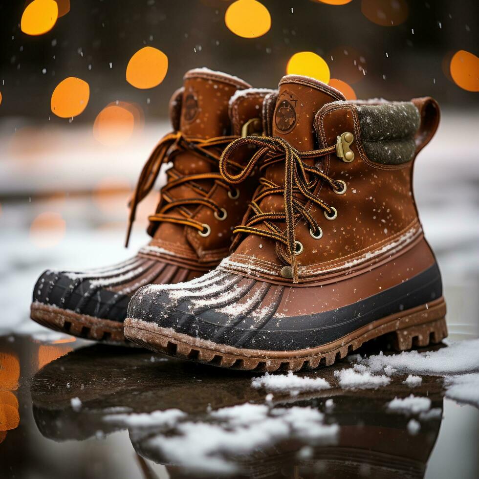 AI generated a pair of winter boots with snow falling in the background. photo