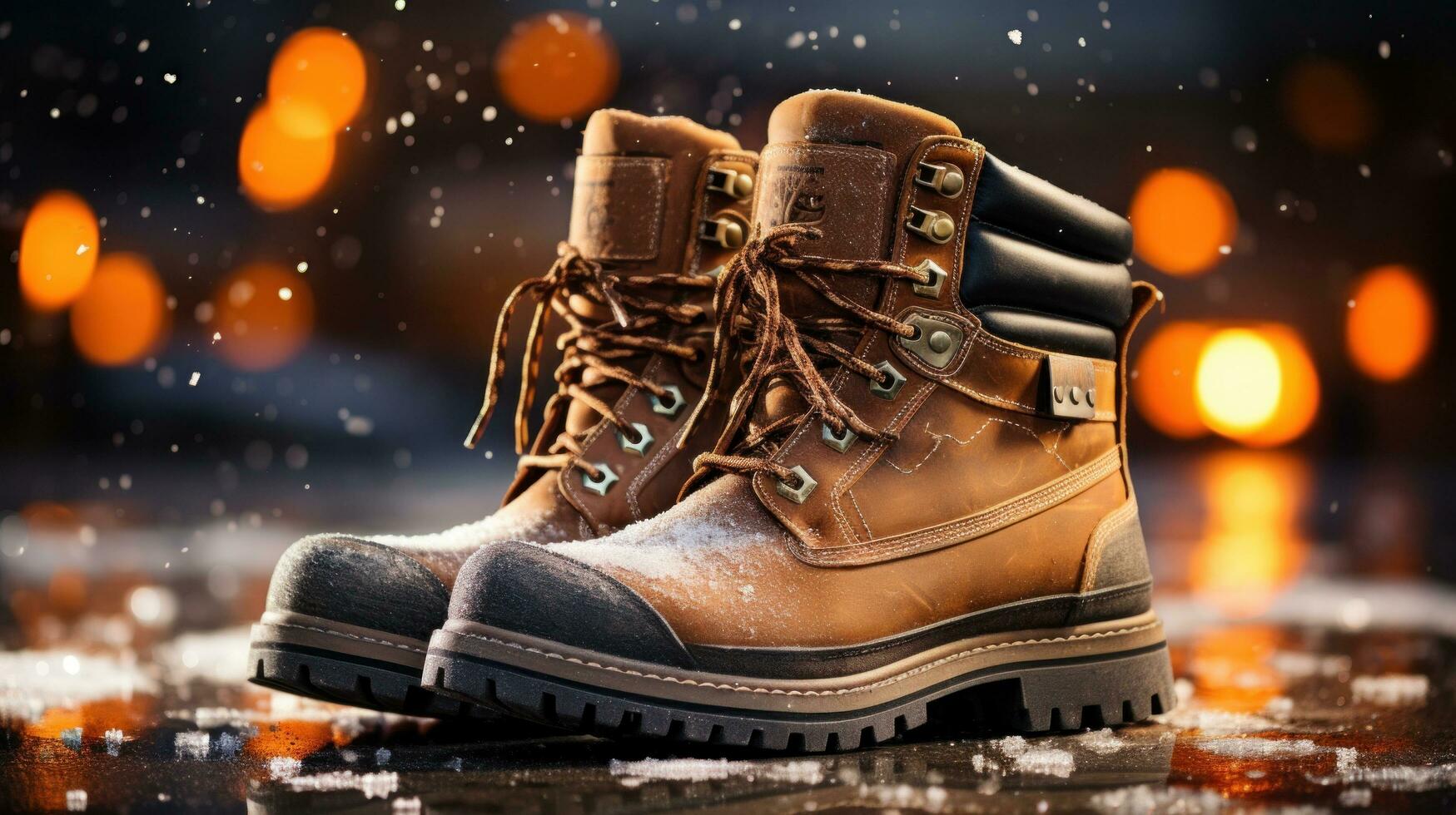 AI generated a pair of winter boots with snow falling in the background. photo