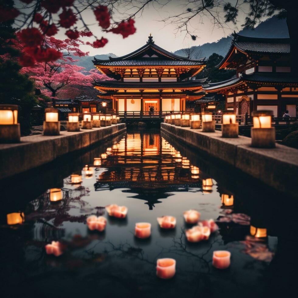 AI generated A beautiful landscape photo of a temple or shrine decorated with lanterns and other festive decorations