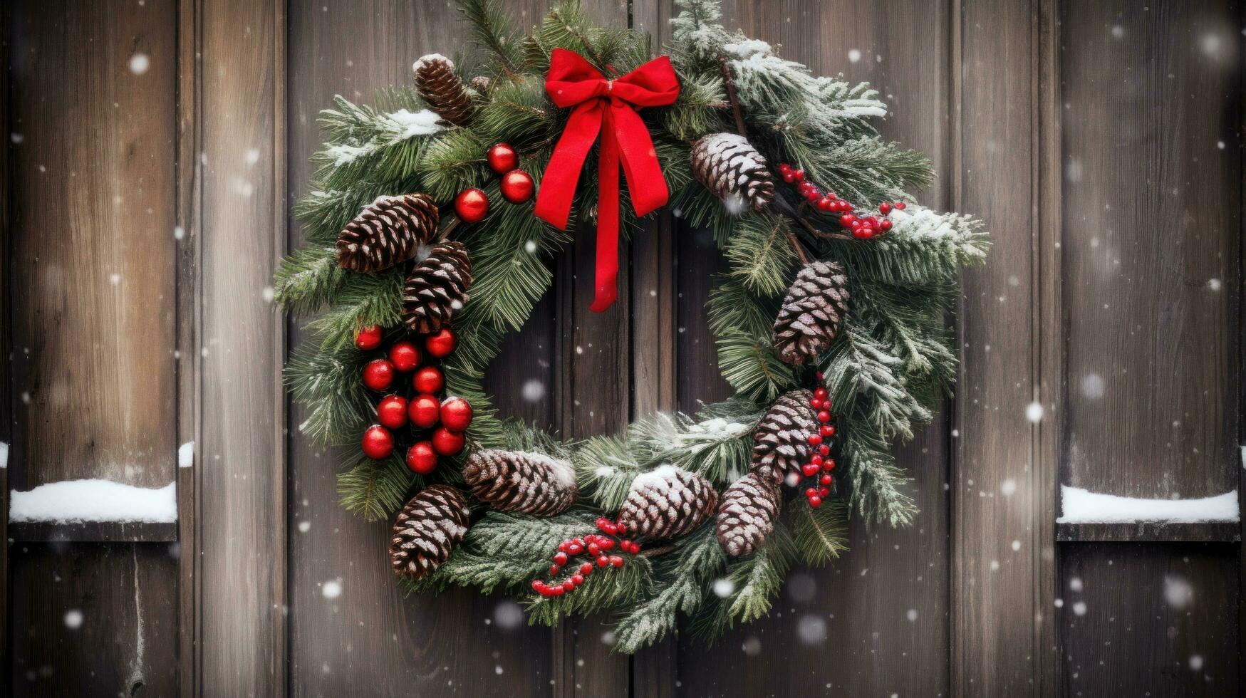 AI generated A beautiful Christmas wreath hanging on a rustic wooden door photo