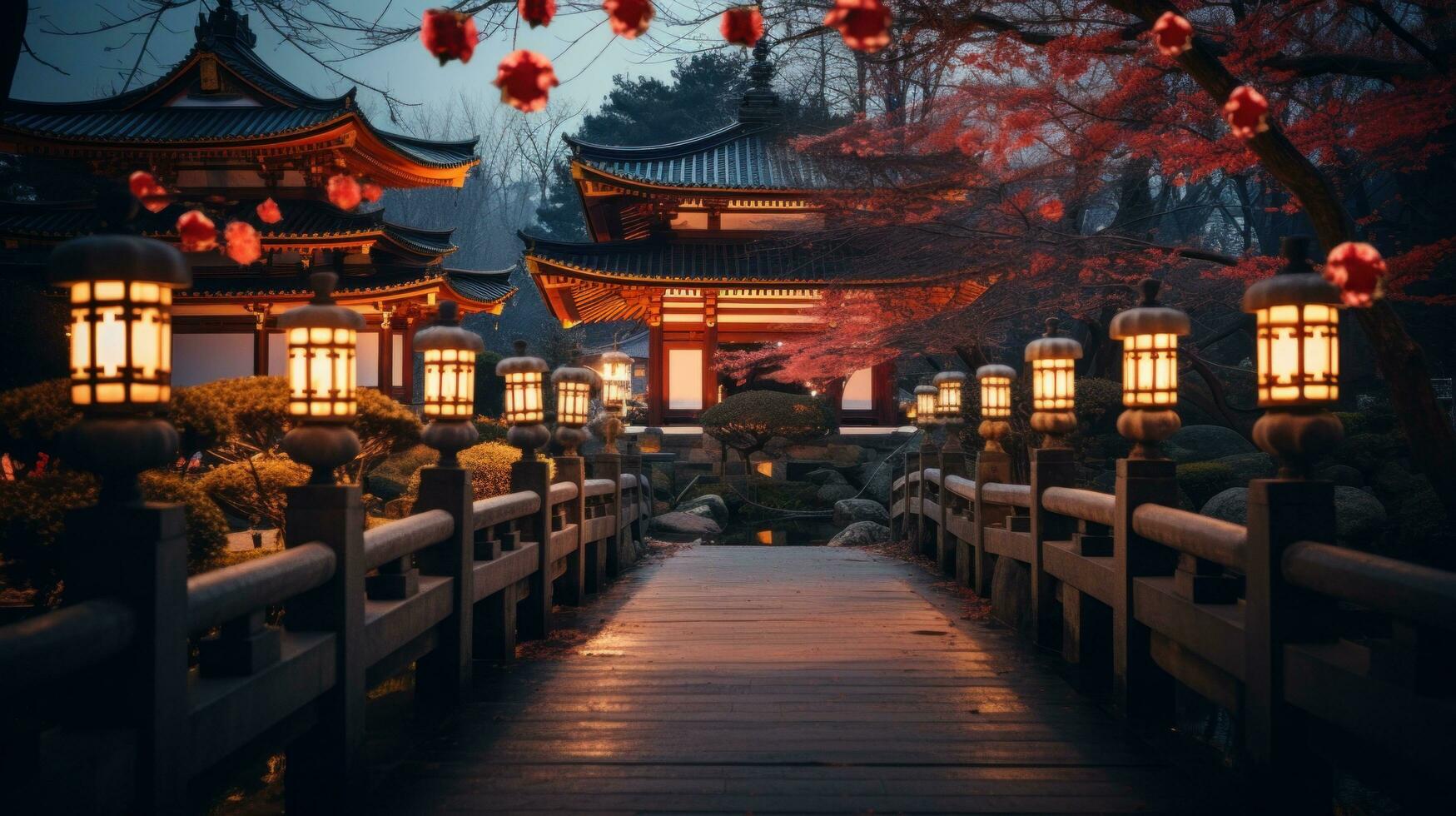 AI generated A beautiful landscape photo of a temple or shrine decorated with lanterns and other festive decorations