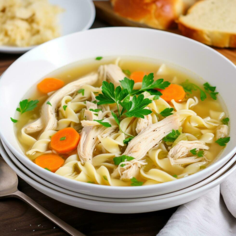 AI generated A classic chicken noodle soup with tender chunks of chicken photo
