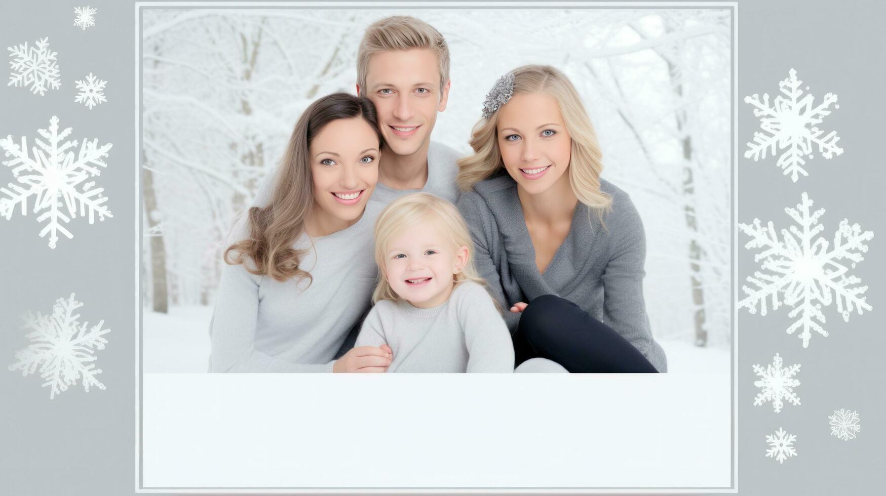 ai generado blanco y plata marco con limpiar líneas y sutil copos de nieve a tu nuevo años tarjeta foto