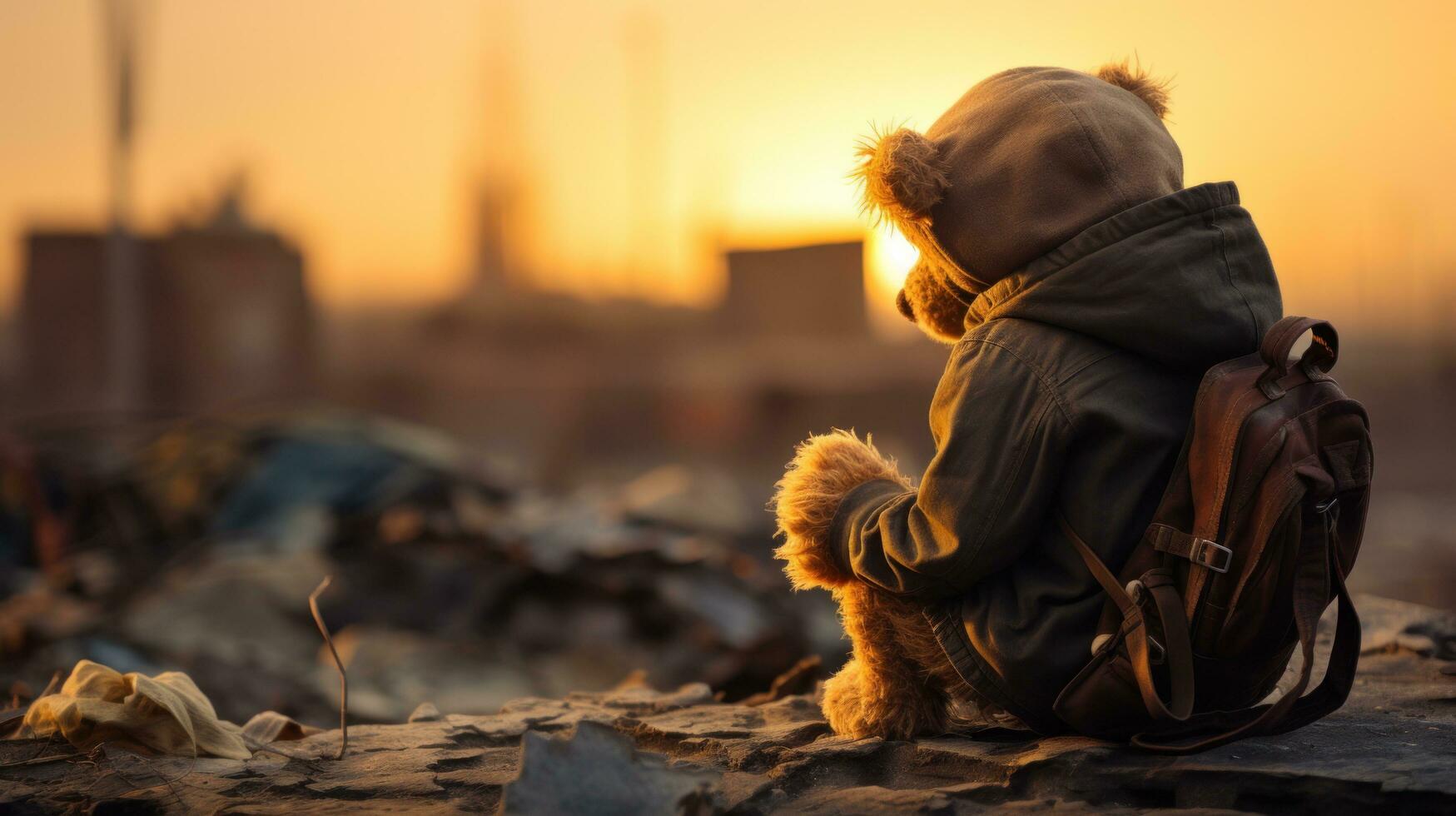 AI generated poor boy with a teddy bear watching an airplane depart photo