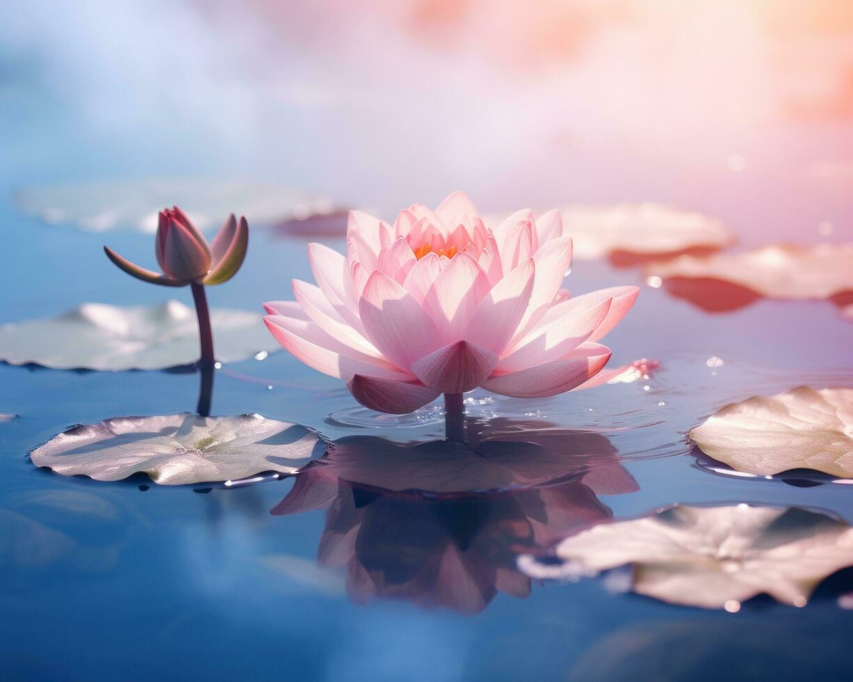 AI generated pink lotus flower floating on water on the blue background