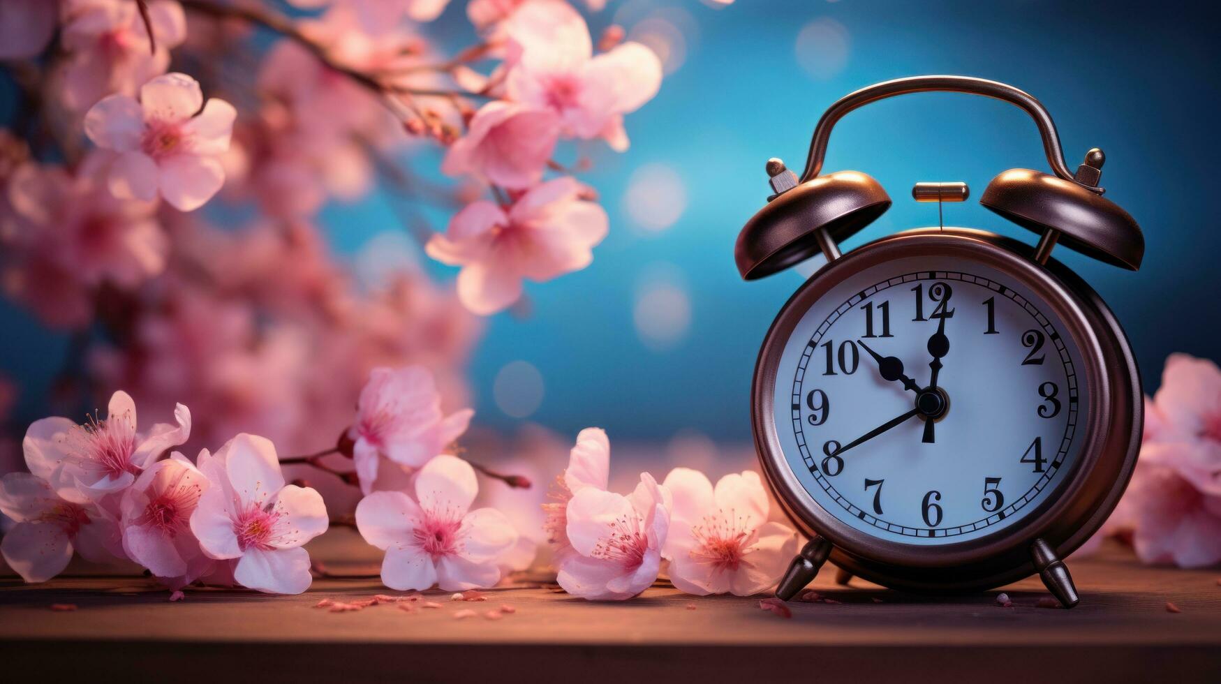 AI generated pink alarm clock in the cherry blossom background photo