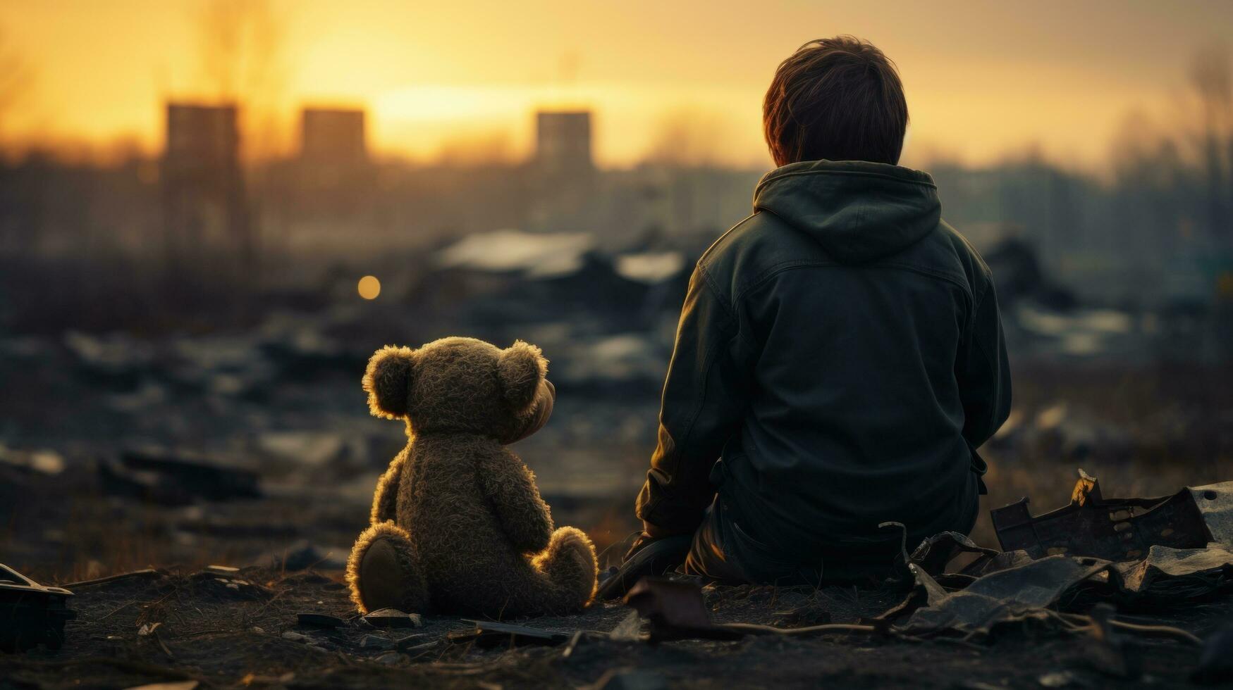 AI generated poor boy with a teddy bear watching an airplane depart photo