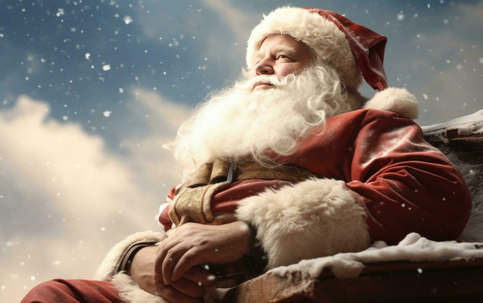 AI generated santa claus laying on roof watching snowy sky photo