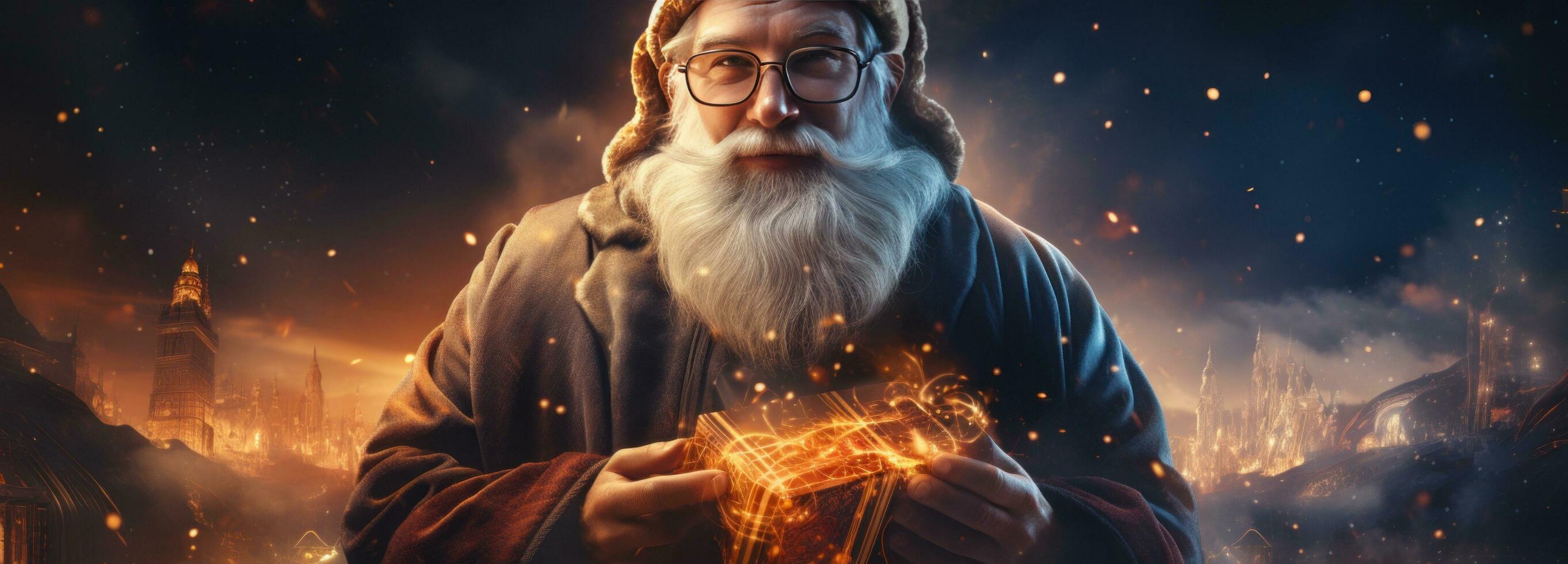 AI generated santa holding the gift box against the blue background photo