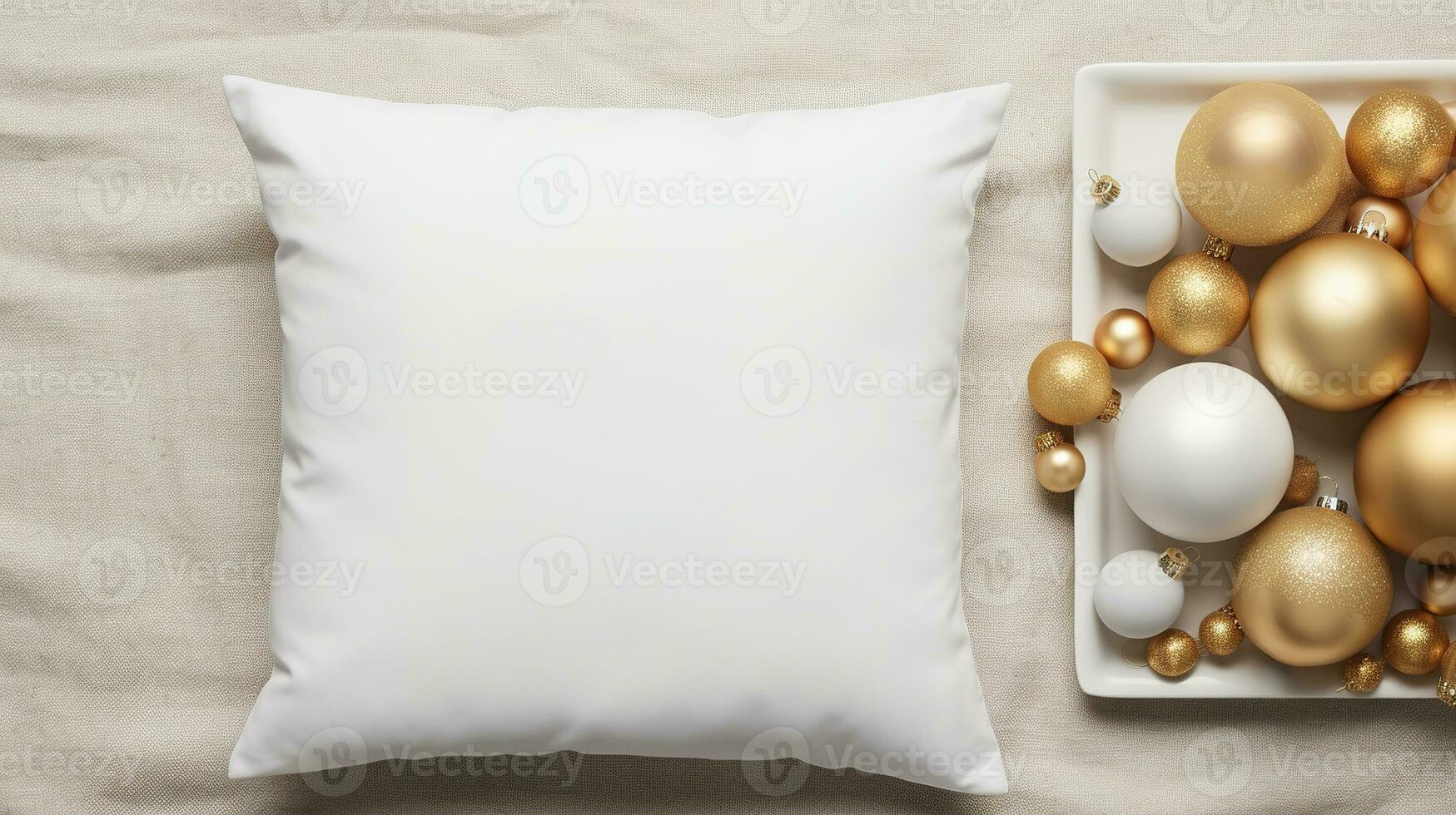 AI generated Generative AI, White pillow mockup on Christmas background with holiday decoration, copy space photo