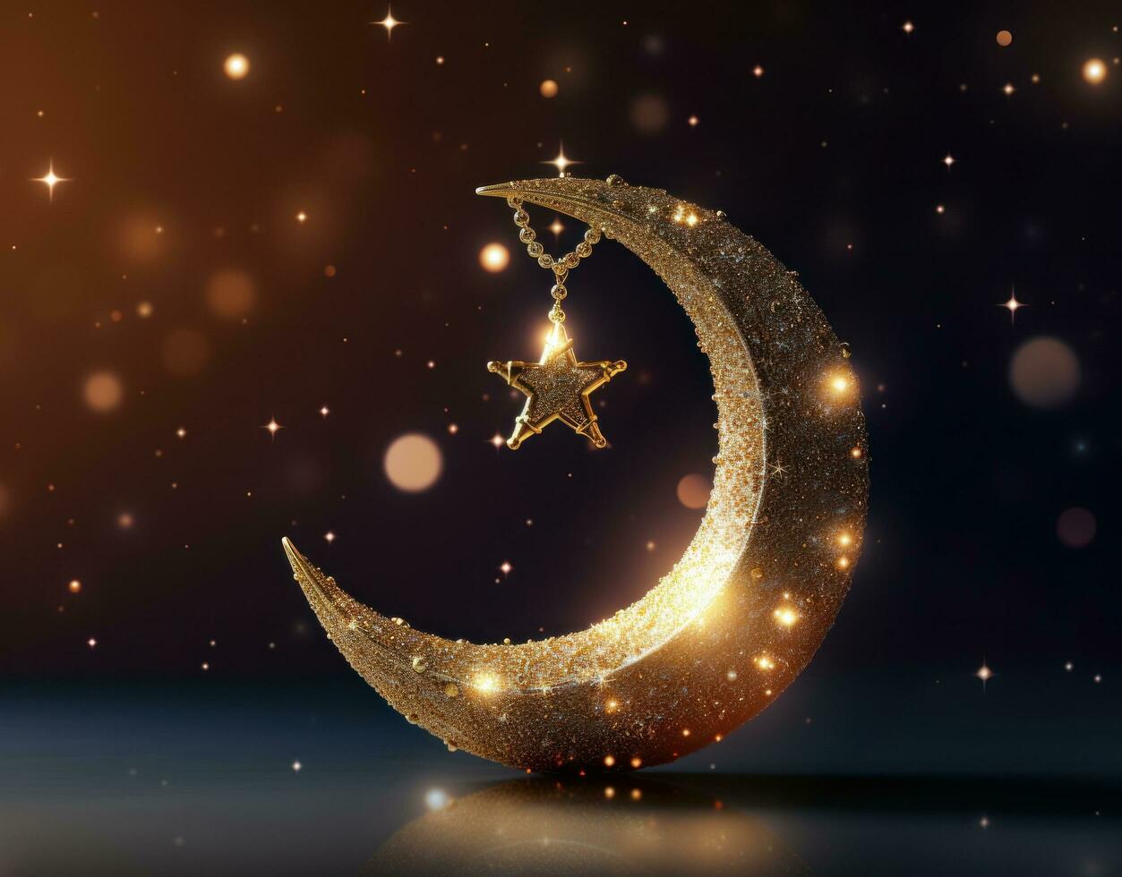 AI generated crescent on blurry background with shiny stars photo