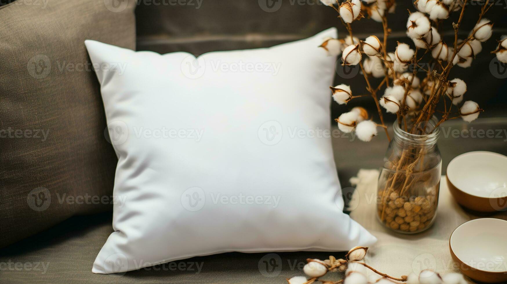 AI generated Generative AI, White pillow mockup on Christmas background with holiday decoration, copy space photo