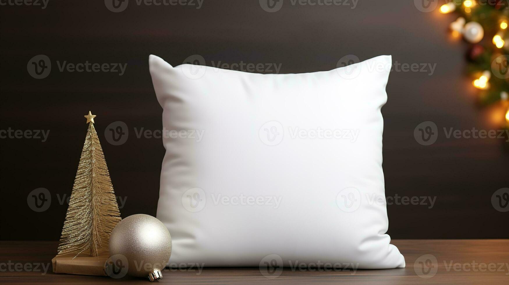 AI generated Generative AI, White pillow mockup on Christmas background with holiday decoration, copy space photo