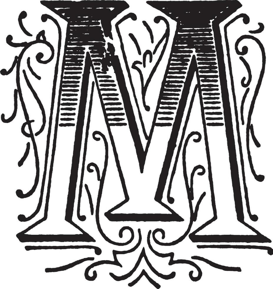 M, Ornate initial, vintage illustration vector