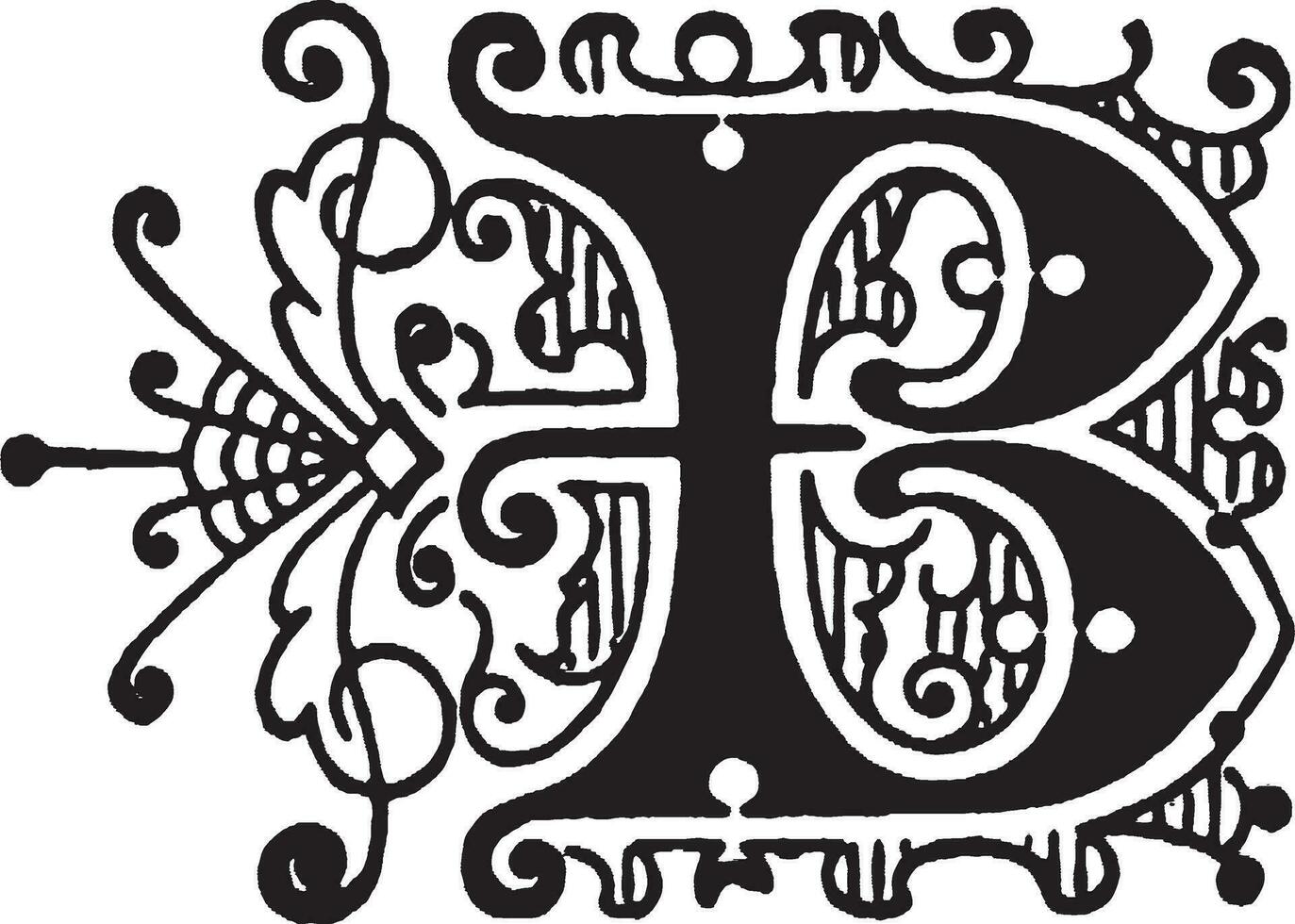 B, Ornate initial, vintage illustration vector