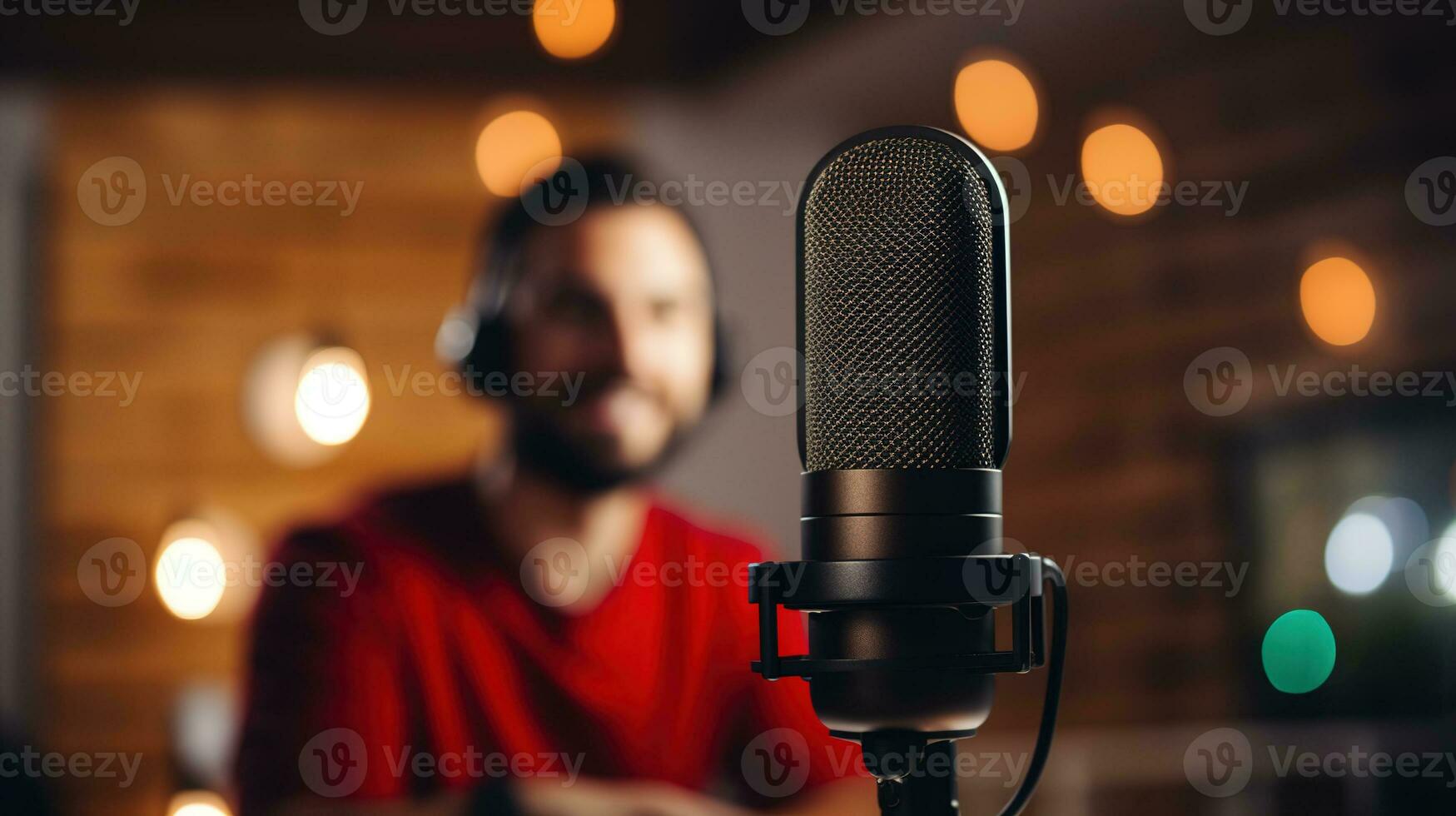 AI generated Generative AI, Microphone for podcast, man recording audio, host streaming, blurred background photo